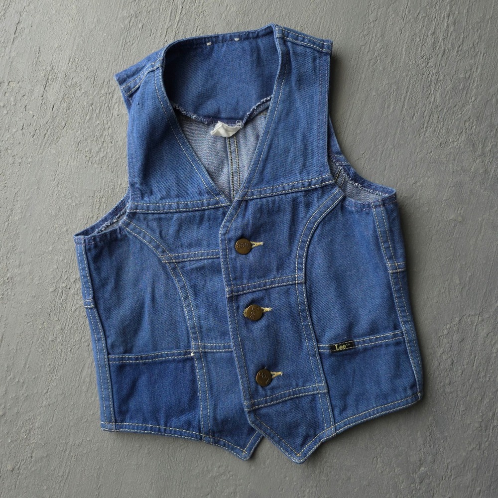 Vintage 70s Lee Blue Denim Vest Kids S Contrast Stitching Made in Canada